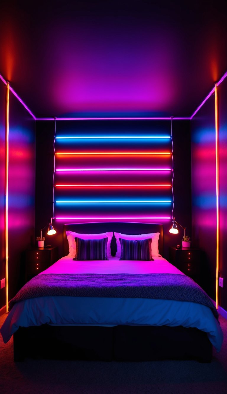 A dark bedroom with colorful retro neon LED strip lights lining the walls, creating a funky and vibrant atmosphere