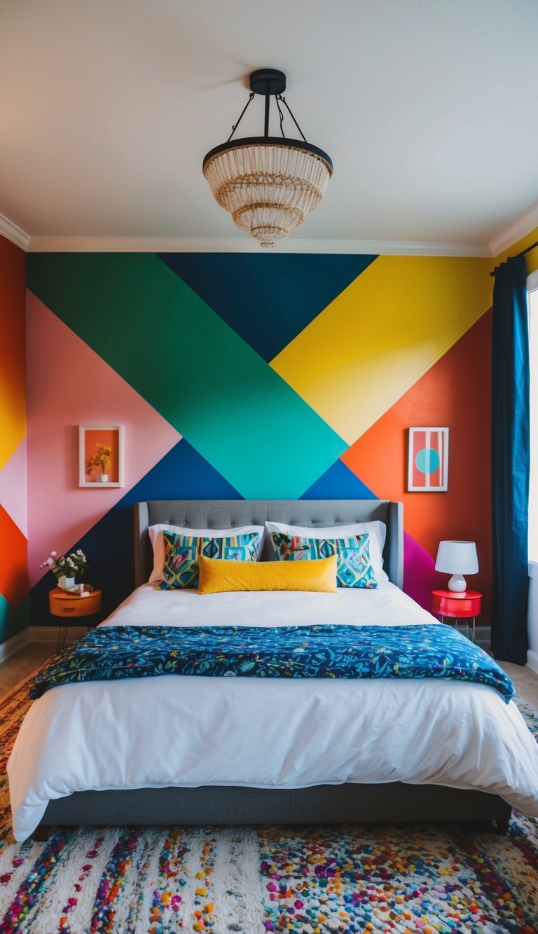 A vibrant bedroom with colorful geometric wall murals in a funky design