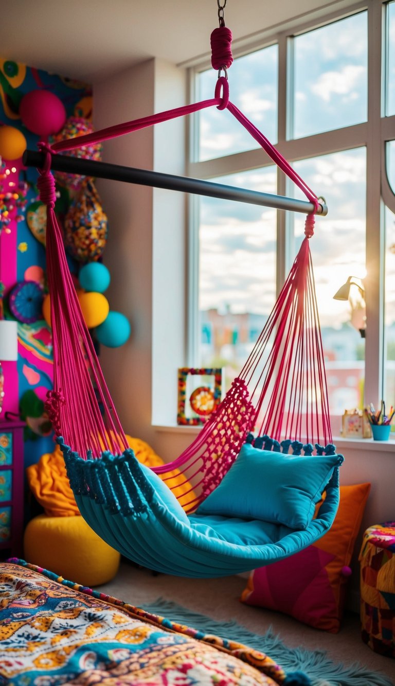 A hammock chair hangs by a sunlit window in a funky bedroom, surrounded by colorful decor and unique design elements