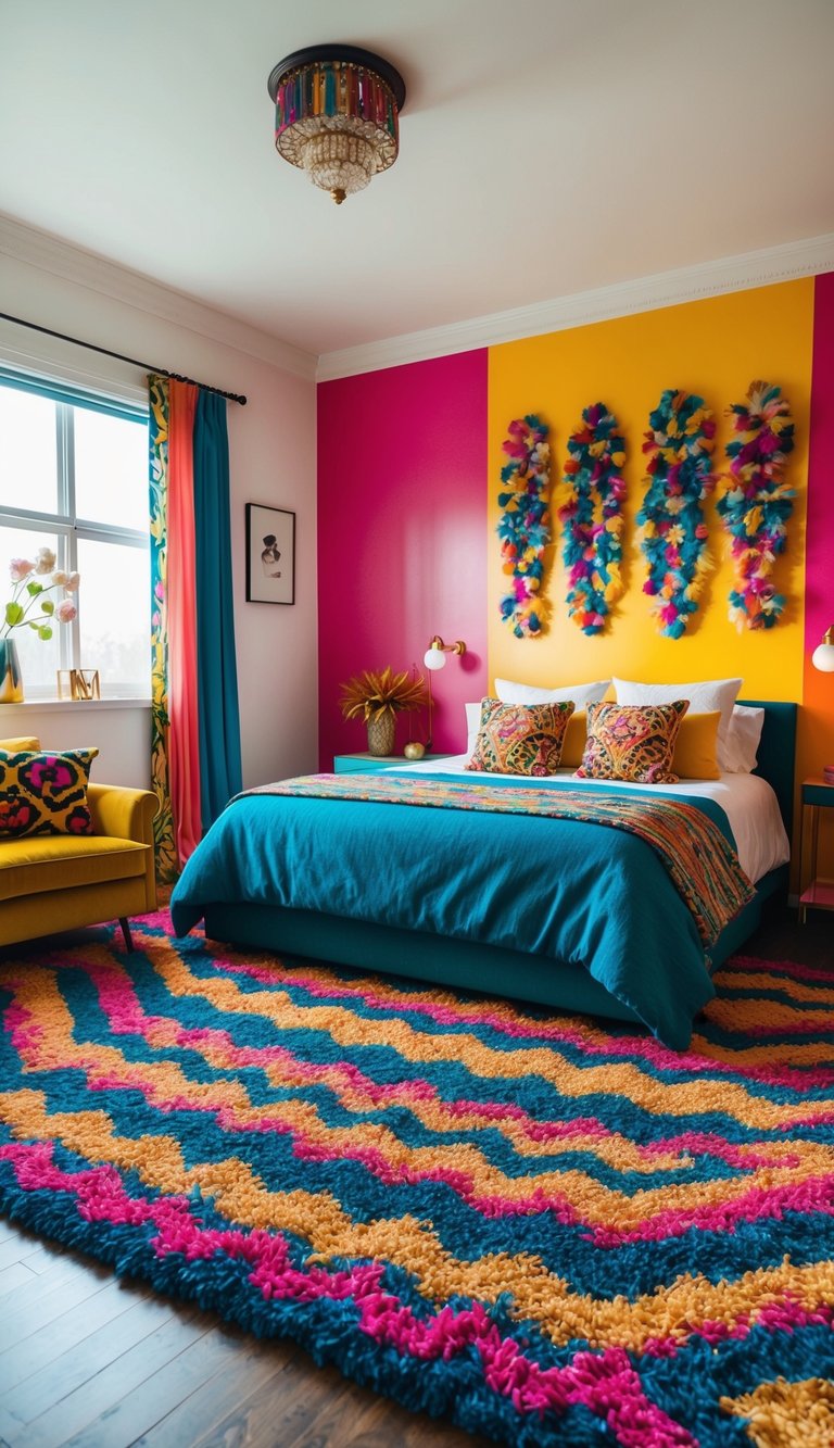 A patterned shag rug anchors a vibrant, eclectic bedroom with bold colors and funky decor