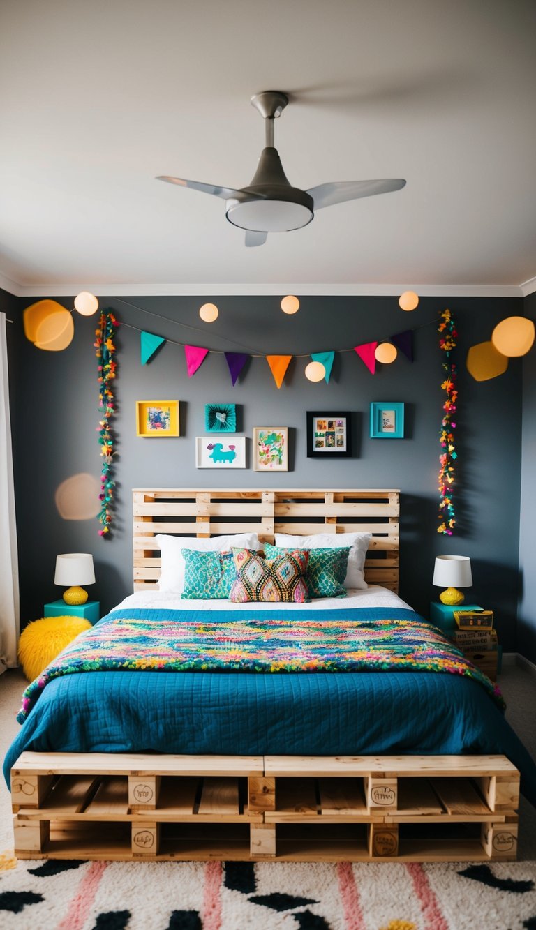 A cozy bedroom with a pallet bed frame surrounded by funky decor and colorful accents