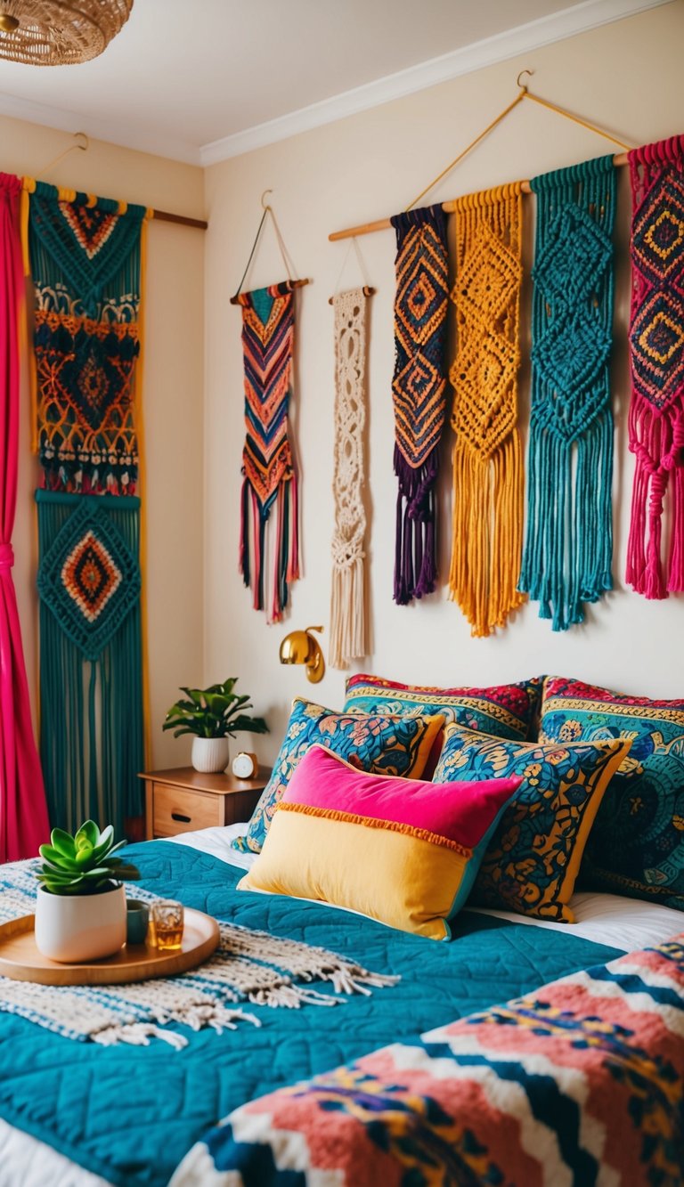 A cozy bedroom with colorful macramé wall hangings, eclectic decor, and vibrant patterns