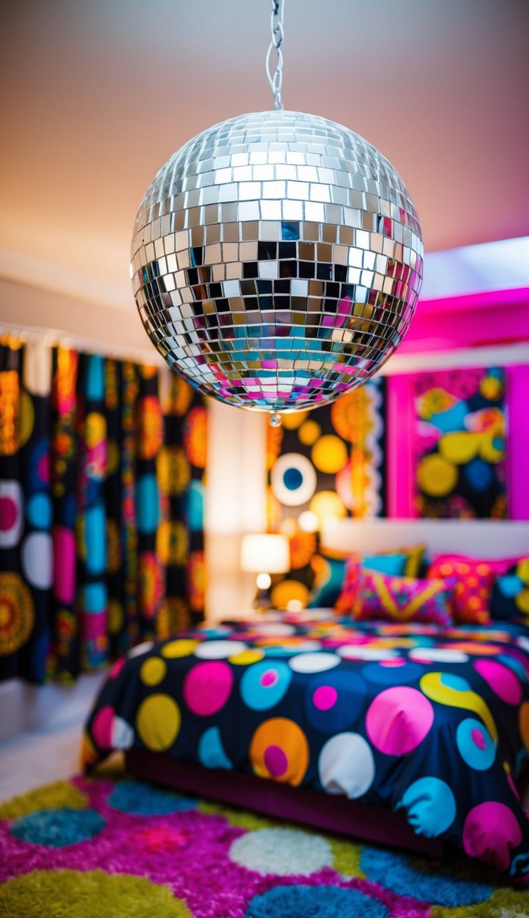 A mirrored disco ball hangs from the ceiling, casting shimmering light across a funky bedroom filled with vibrant decor and bold patterns