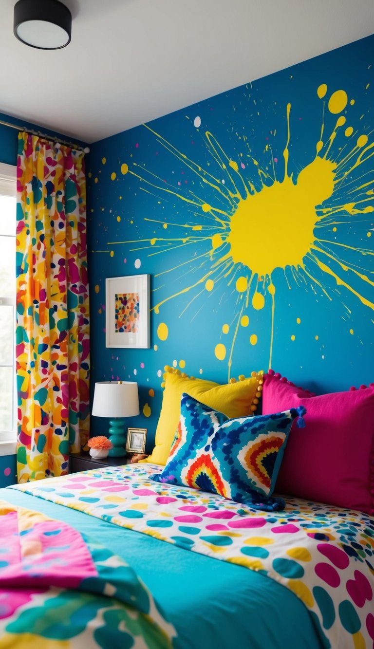 A vibrant paint-splatter accent wall adds a playful touch to a funky bedroom, with bold colors and abstract patterns creating a lively atmosphere