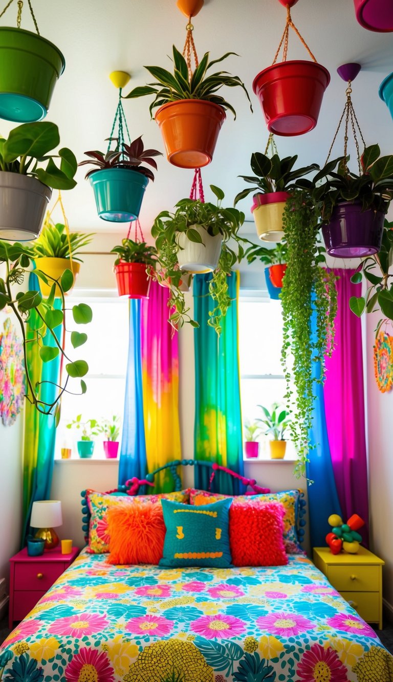 Colorful pots hang from the ceiling, each holding a unique plant. The bedroom is filled with whimsical decor, creating a funky and vibrant atmosphere
