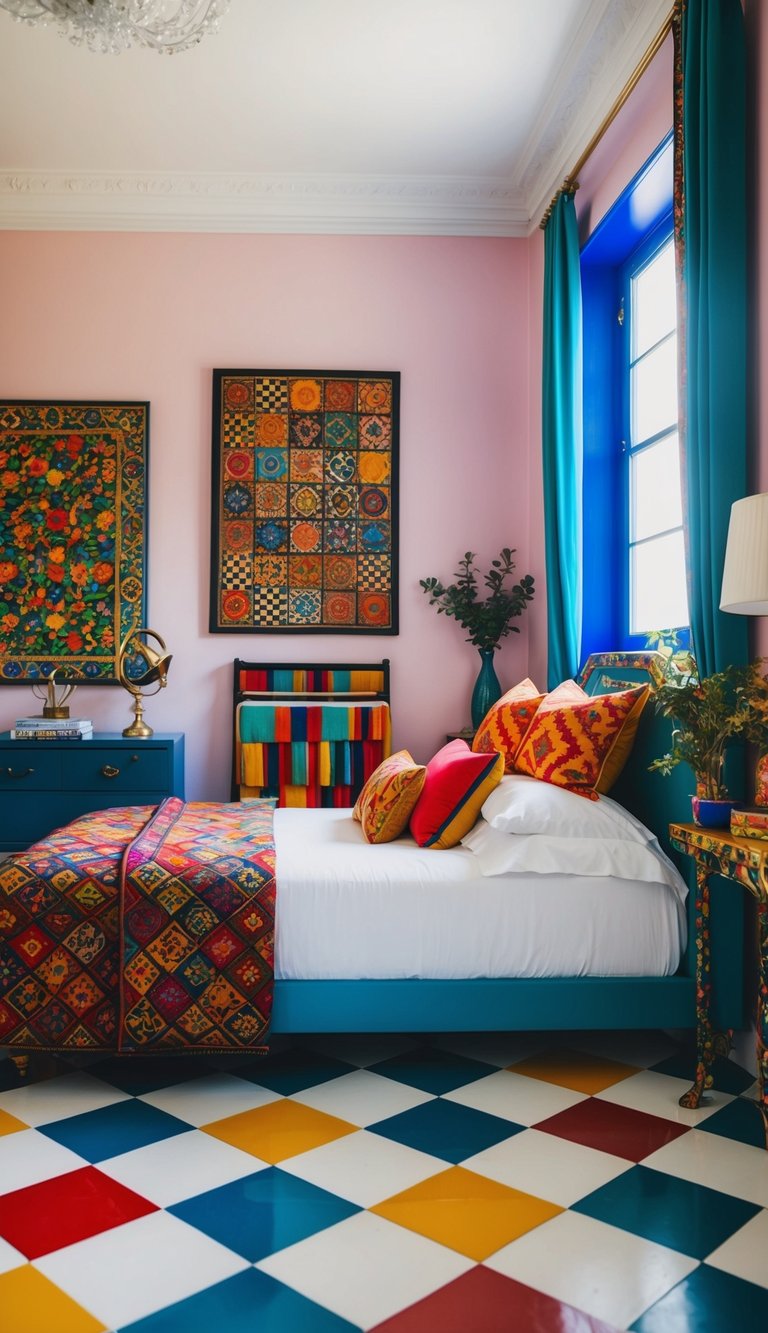 A bedroom with checkerboard floor tiles, vibrant colors, and eclectic decor