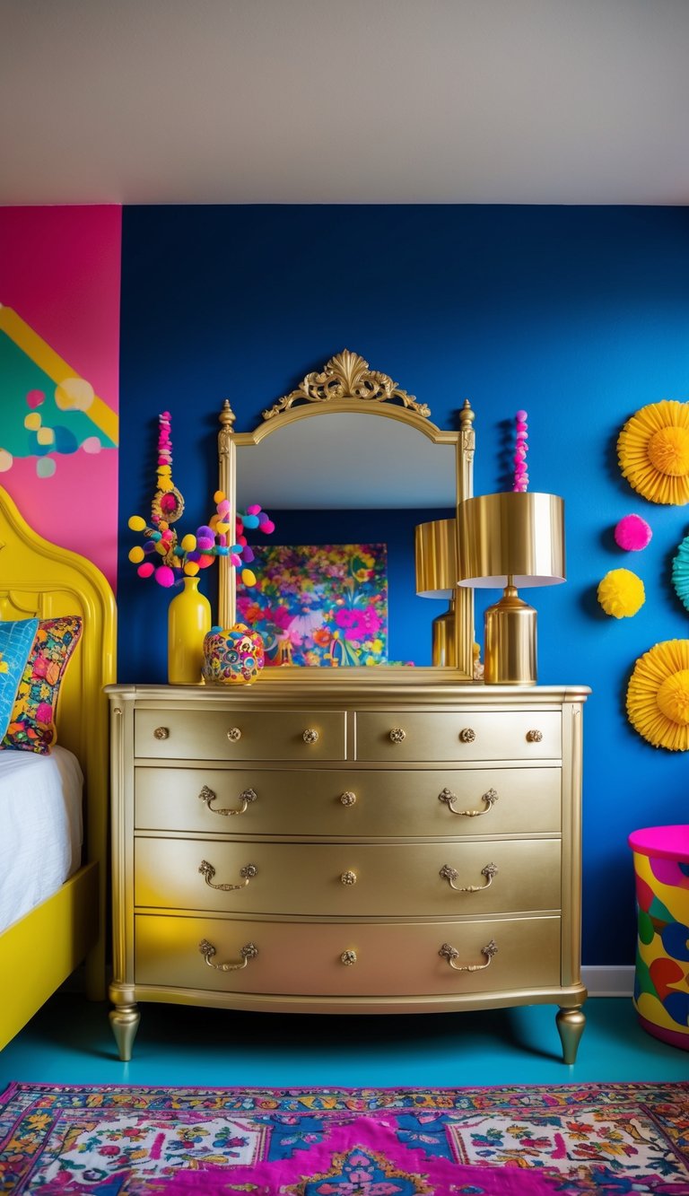 A metallic gold spray-painted dresser and bed frame stand out in a vibrant and eclectic bedroom with funky decor and colorful accents