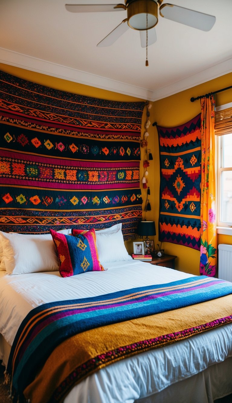 A cozy bedroom with vibrant woven tapestries adorning the walls, creating a funky and eclectic atmosphere