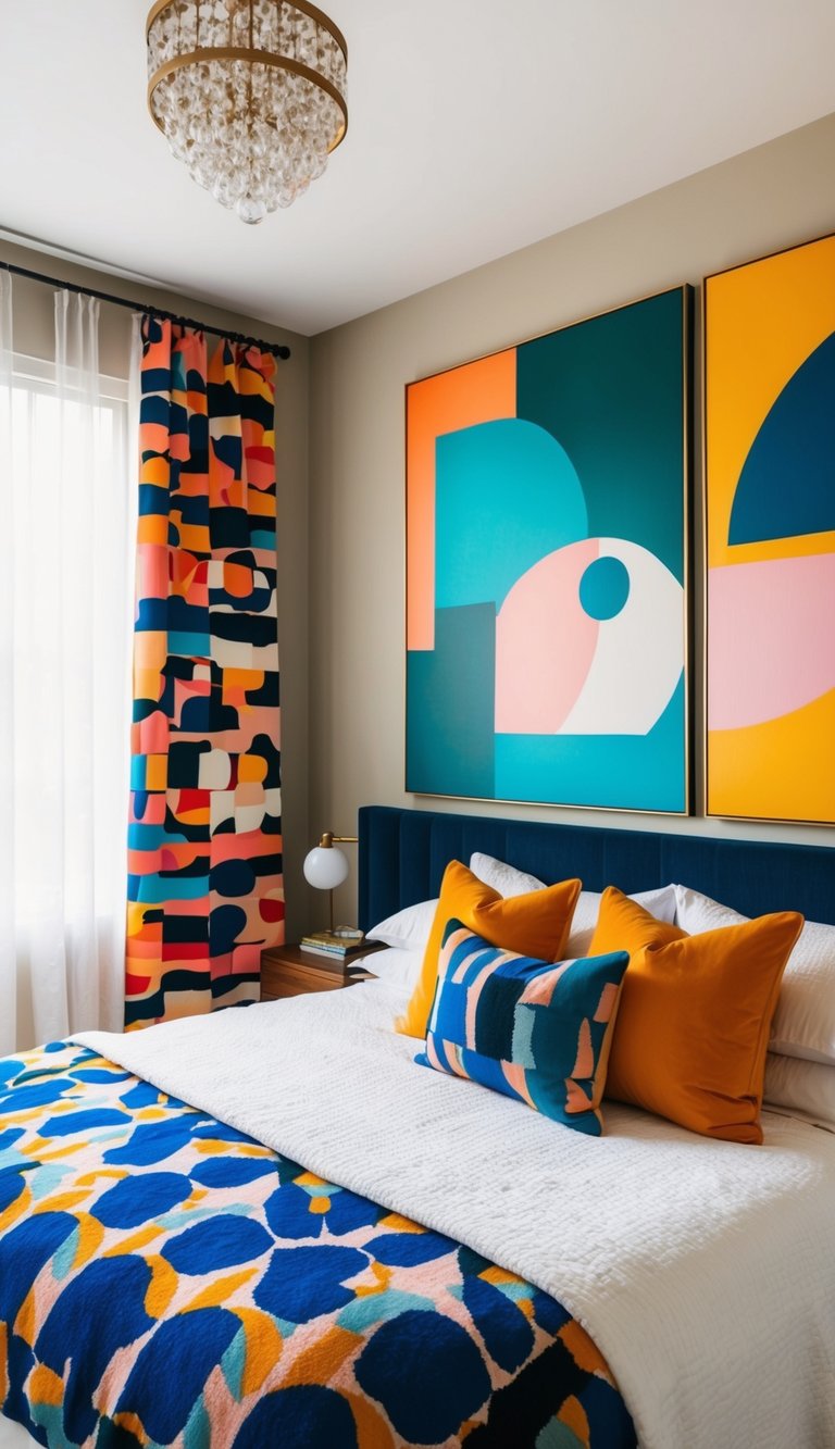 A bedroom with large, vibrant abstract paintings covering the walls. Rich colors and bold patterns create a maximalist aesthetic