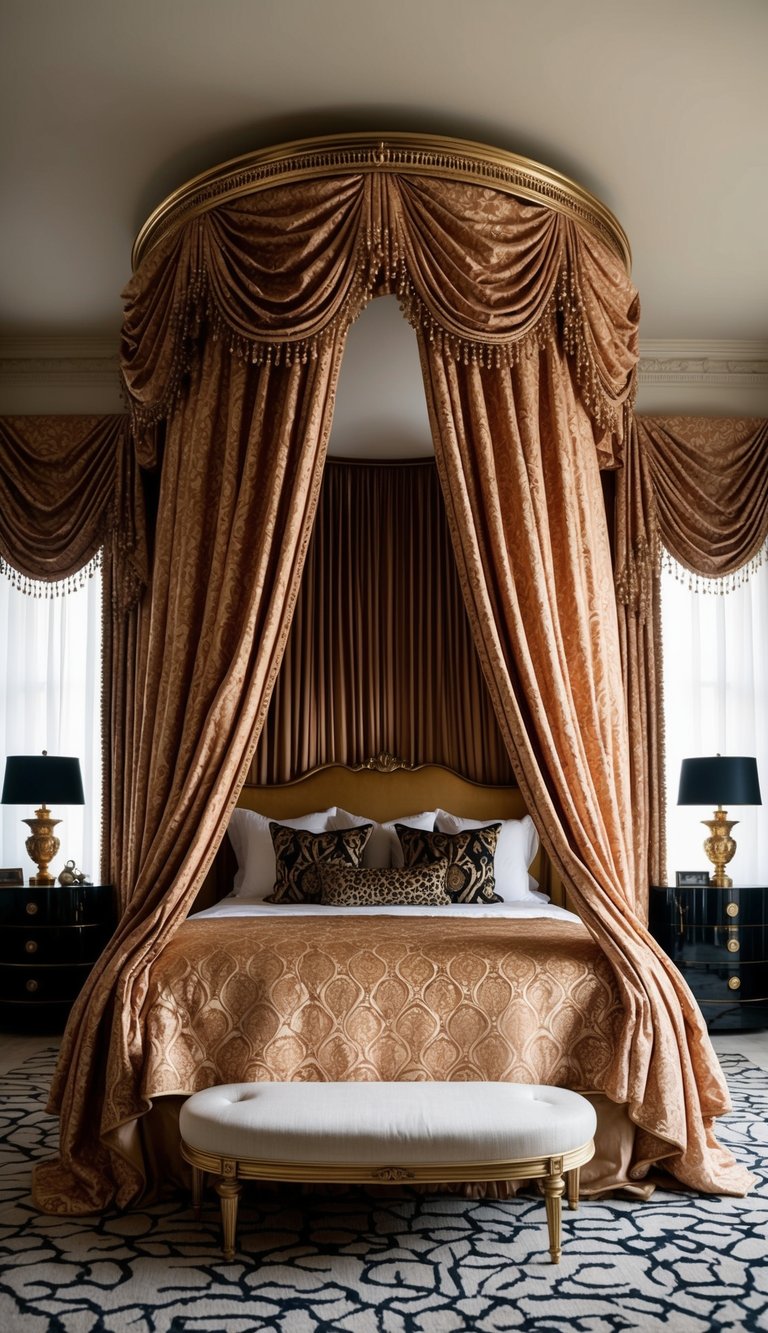 A lavish canopy bed with draped fabric in a maximalist bedroom. Rich textures and bold patterns create a luxurious and opulent atmosphere