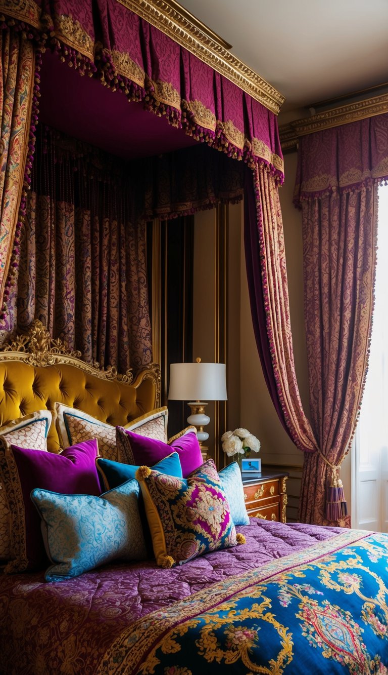 A luxurious bedroom with jewel-toned bedding, ornate pillows, and richly patterned curtains. Rich, vibrant colors and intricate details create a maximalist atmosphere