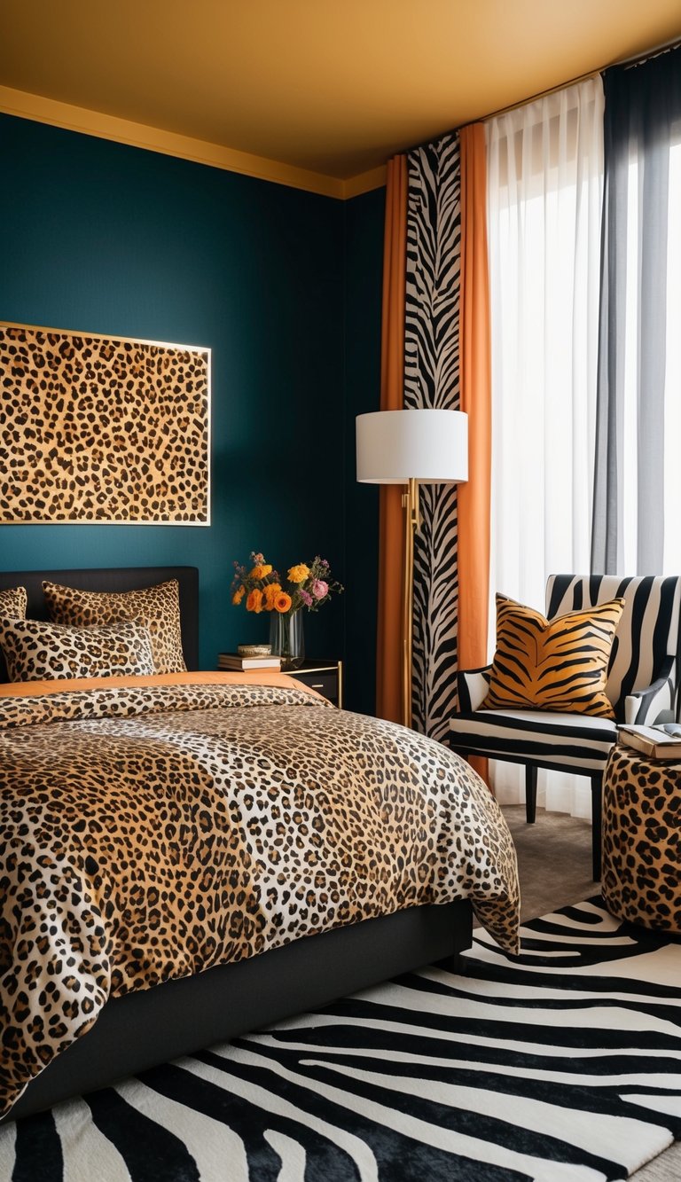 A bedroom with leopard print bedding, zebra print rug, and tiger print throw pillows. Bold colors and patterns cover the walls and furniture