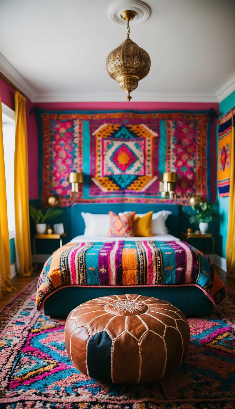 A vintage Moroccan pouf sits in a vibrant, maximalist bedroom filled with eclectic patterns and bold colors