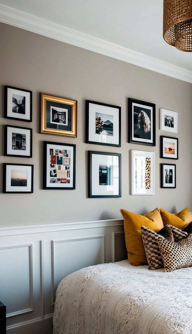 A gallery wall with varied frames adorns a maximalist bedroom