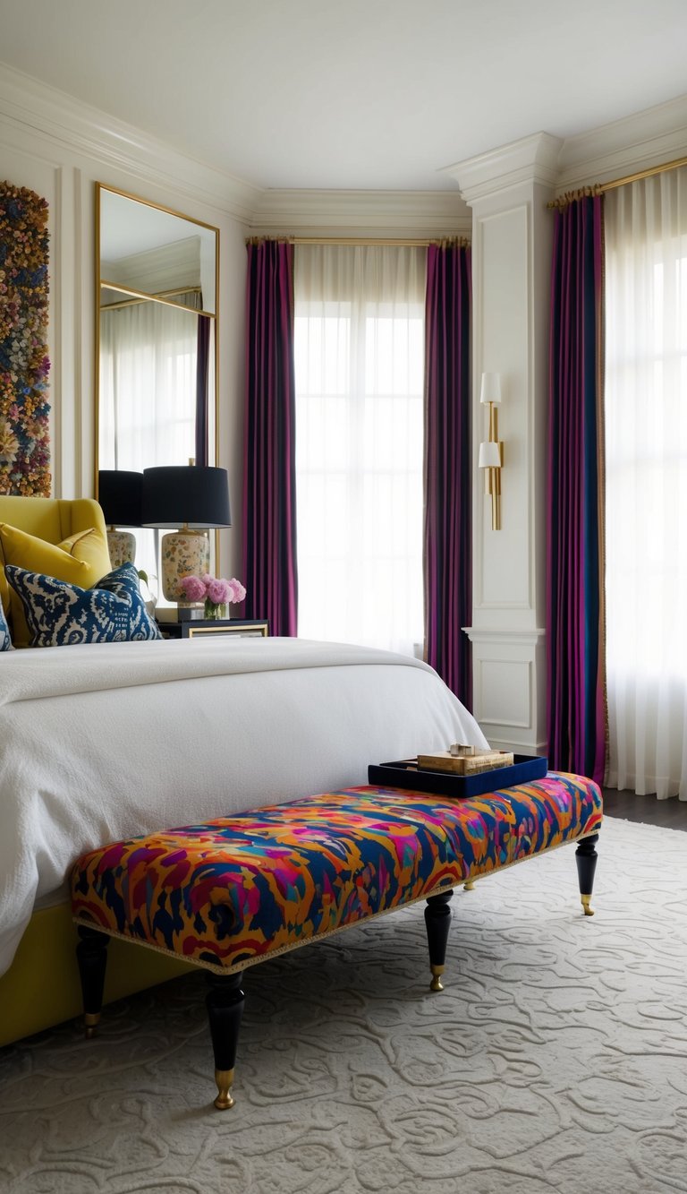A bold, patterned bench sits at the foot of a lavish, maximalist bedroom, adding a pop of color and texture to the space