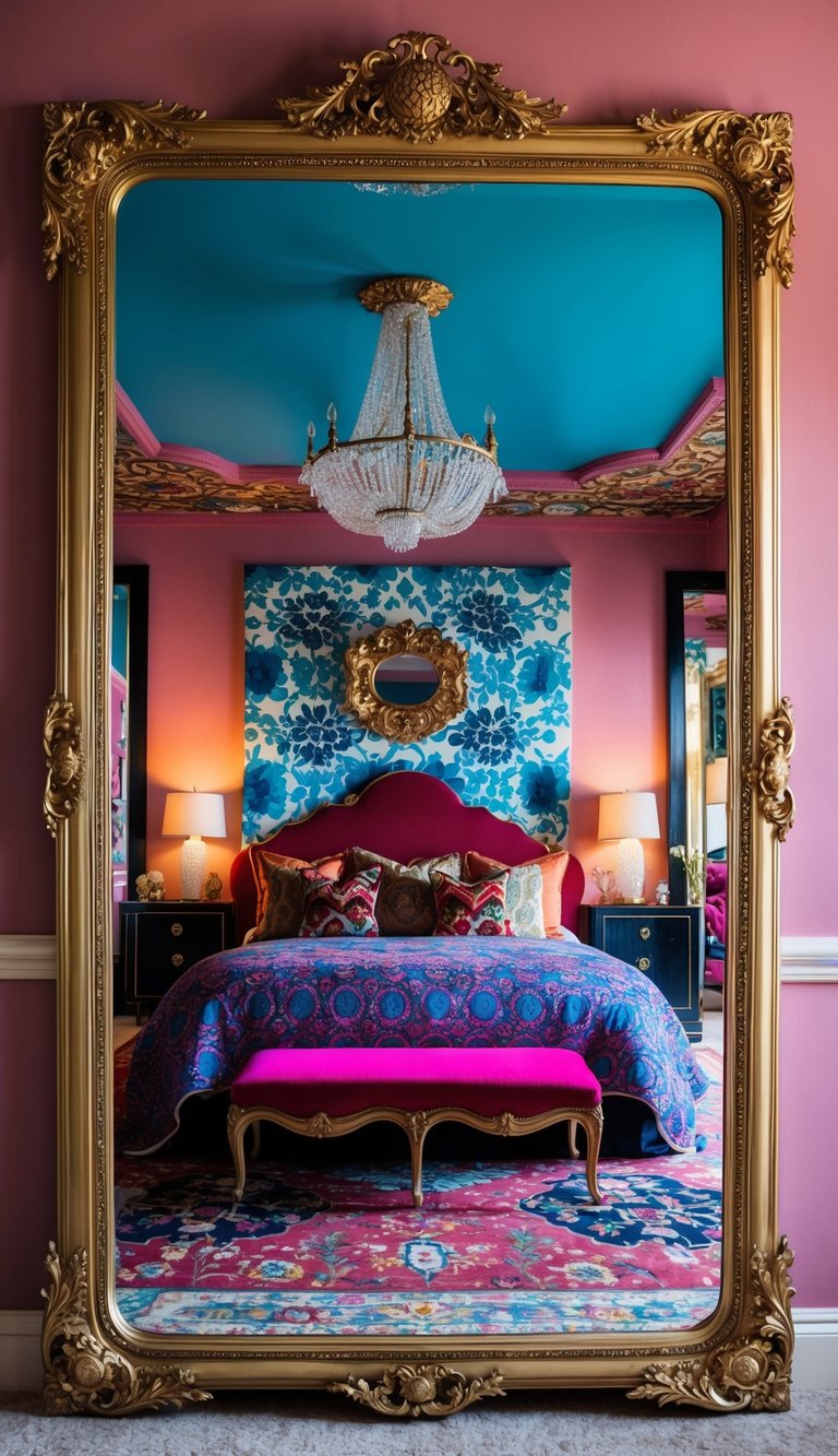 An ornate, oversized statement mirror reflects a luxurious, eclectic bedroom filled with bold patterns, vibrant colors, and lavish decor