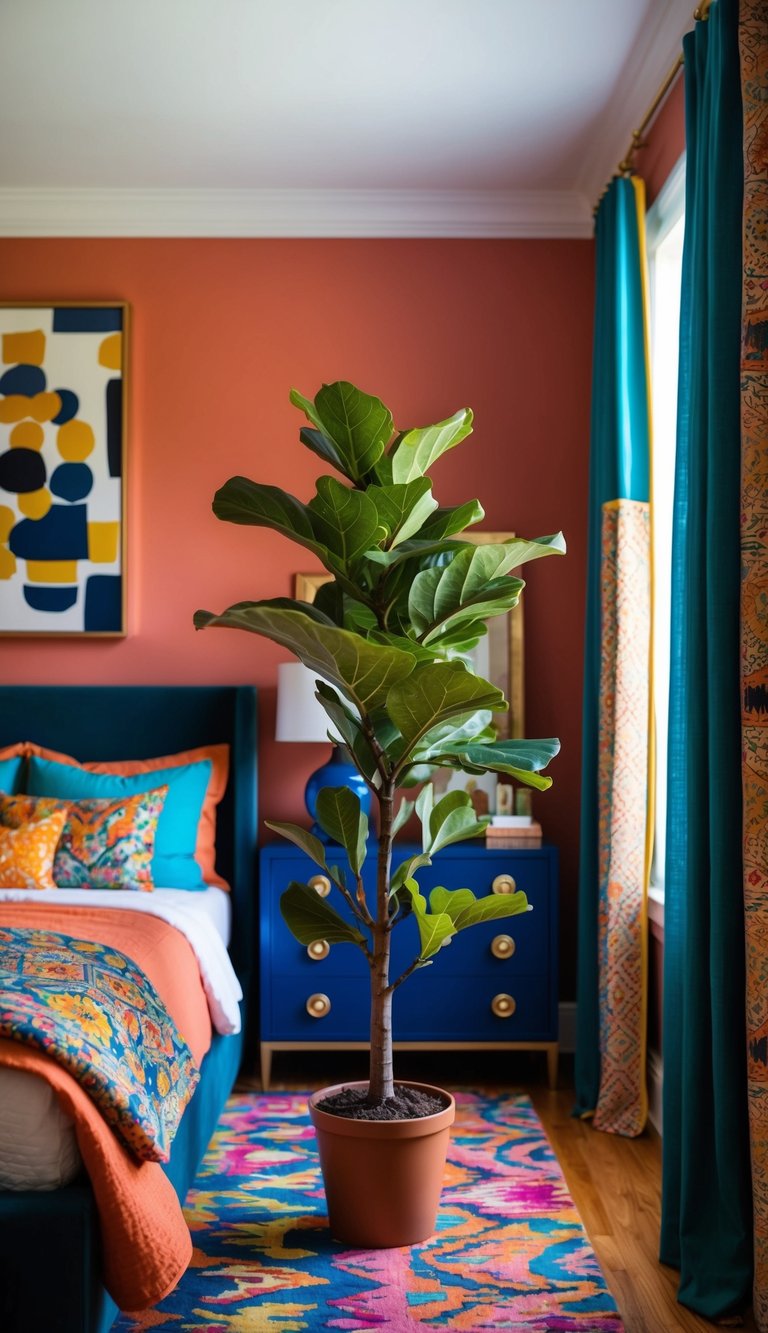 A potted fiddle leaf fig tree sits in a vibrant, eclectic bedroom with bold patterns and rich colors