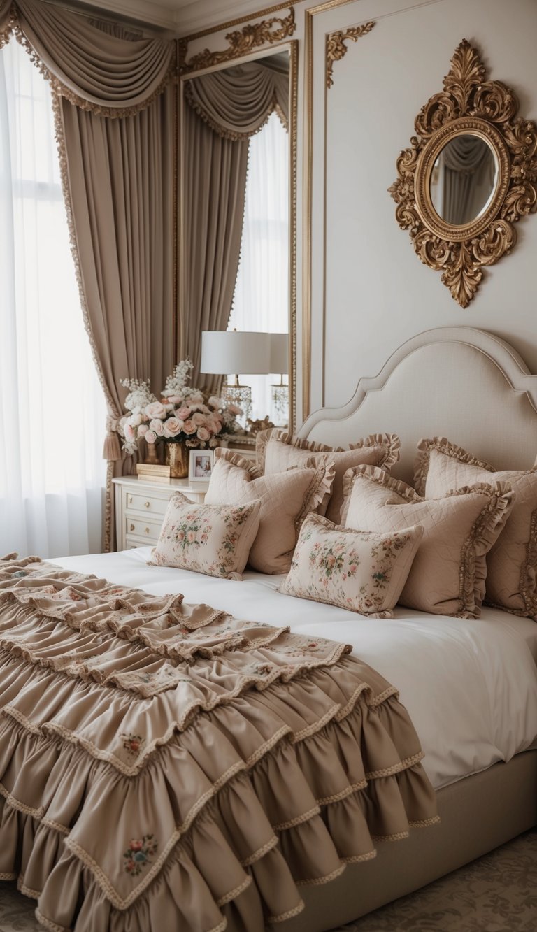 A luxurious, maximalist bedroom adorned with ruffled and embroidered throw blankets, creating a cozy and opulent atmosphere