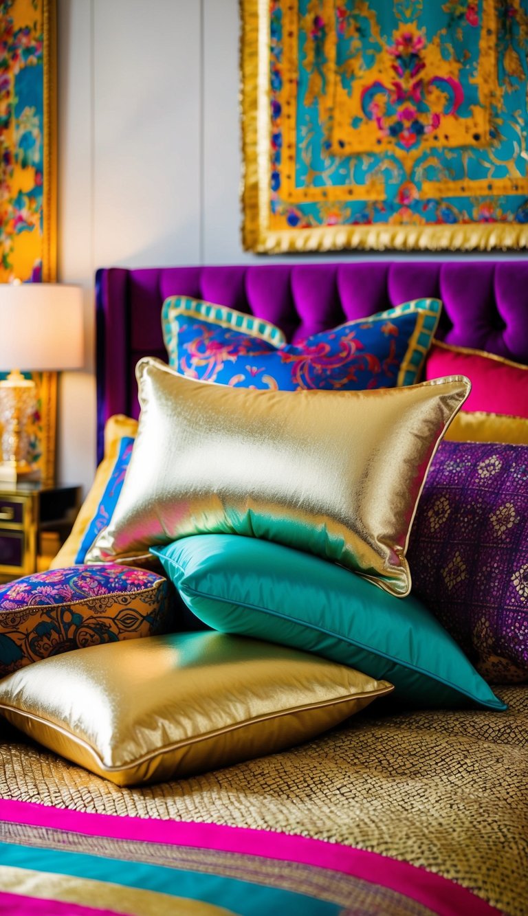 Metallic cushions layered on a luxurious bed in a vibrant, maximalist bedroom with bold patterns and rich textures