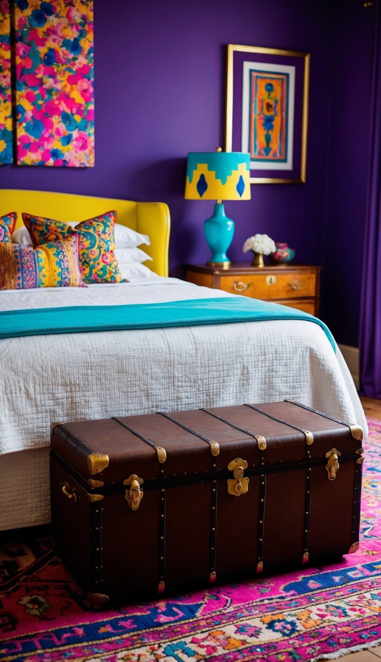 A vintage trunk sits at the foot of a bed, serving as a storage bench in a vibrant, maximalist bedroom