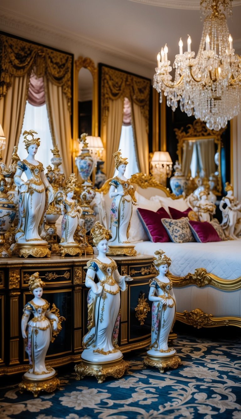 A grand bedroom filled with ornate antique porcelain figurines on display. Rich, maximalist decor creates a luxurious and opulent atmosphere