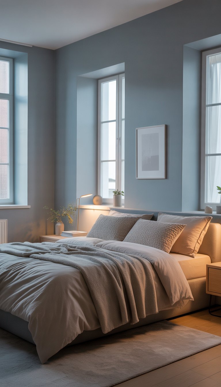 A bedroom with soft dove grey walls, a neatly made bed, natural light coming through large windows, a wooden nightstand with a plant, and light hardwood floors.