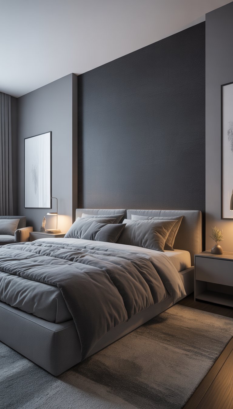 A modern bedroom with a charcoal accent wall, grey bedding, wooden floor, and natural light coming through sheer curtains.