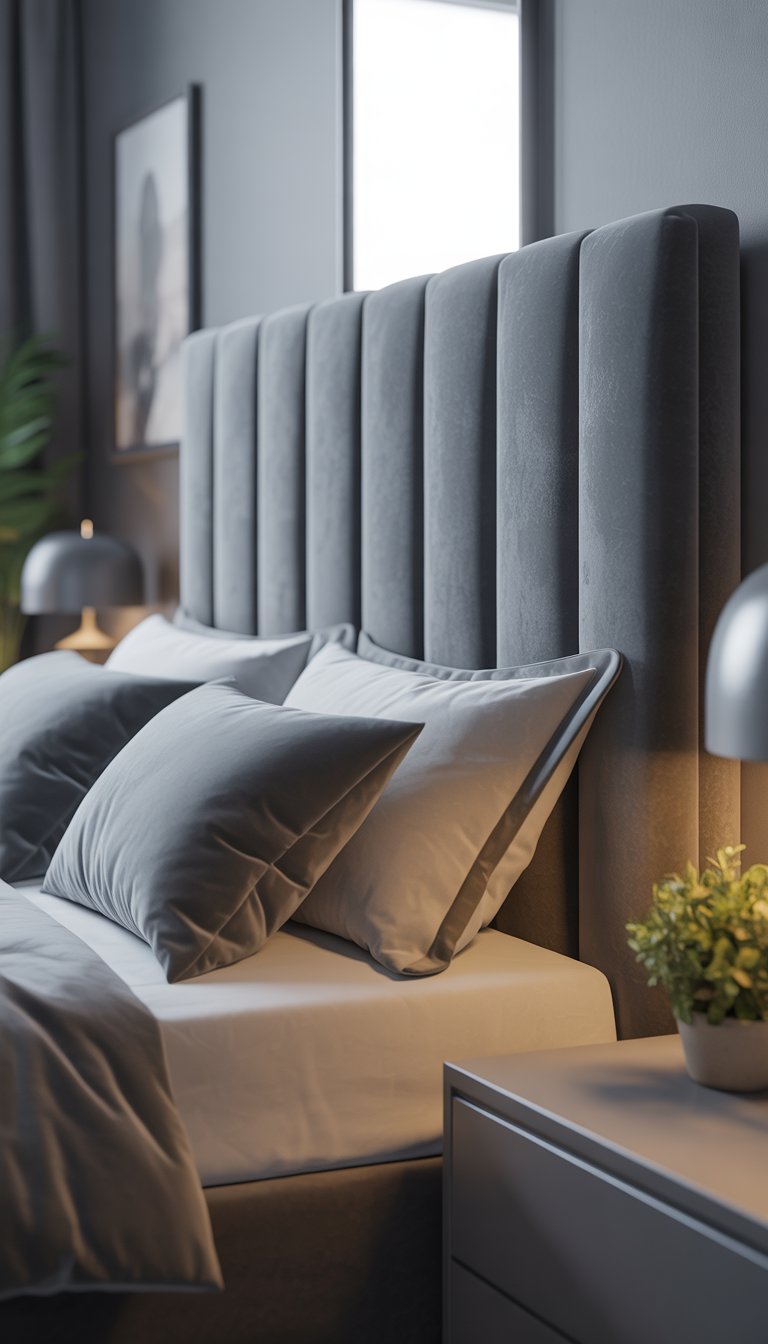 A modern bedroom with a grey velvet headboard, a neatly made bed, a bedside table with a lamp, and a small plant near a window.