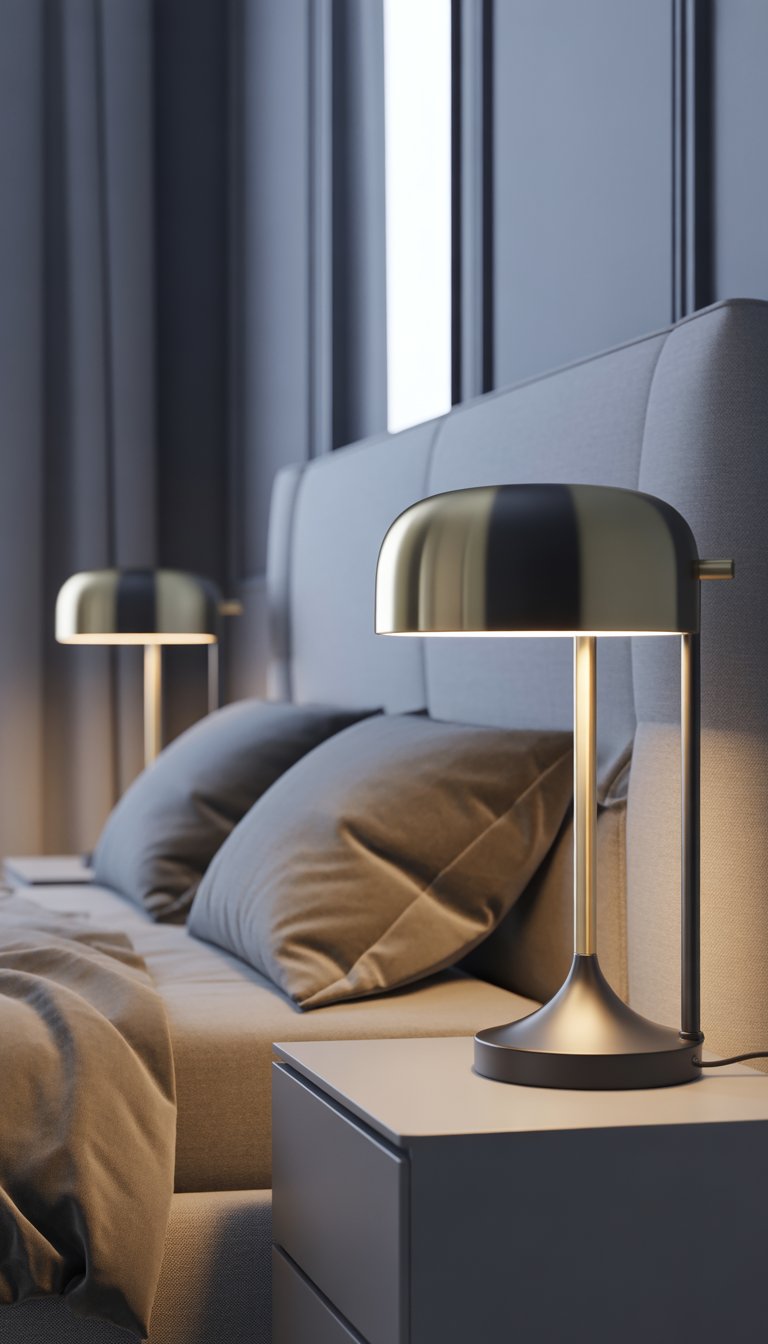 A grey bedroom with a neatly made bed and two bedside tables, each holding a mixed metal lamp.