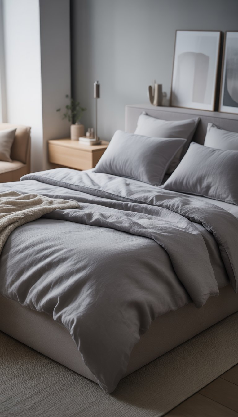 A neatly made bed with grey linen bedding in a modern bedroom with soft lighting and minimal decor.