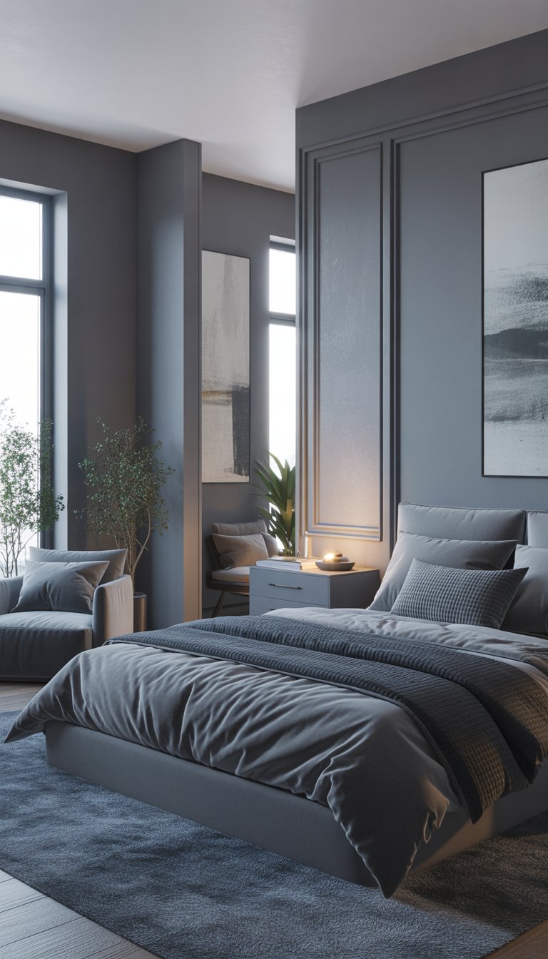 A modern bedroom with matte grey walls, a neatly made bed with grey bedding, a nightstand with a lamp, a grey rug, an armchair, and large windows letting in natural light.