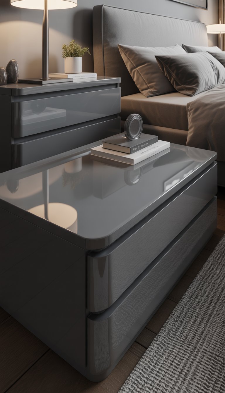 A bedroom with a large bed flanked by two glossy grey nightstands, each holding a lamp and a small plant, with soft lighting and neutral decor.