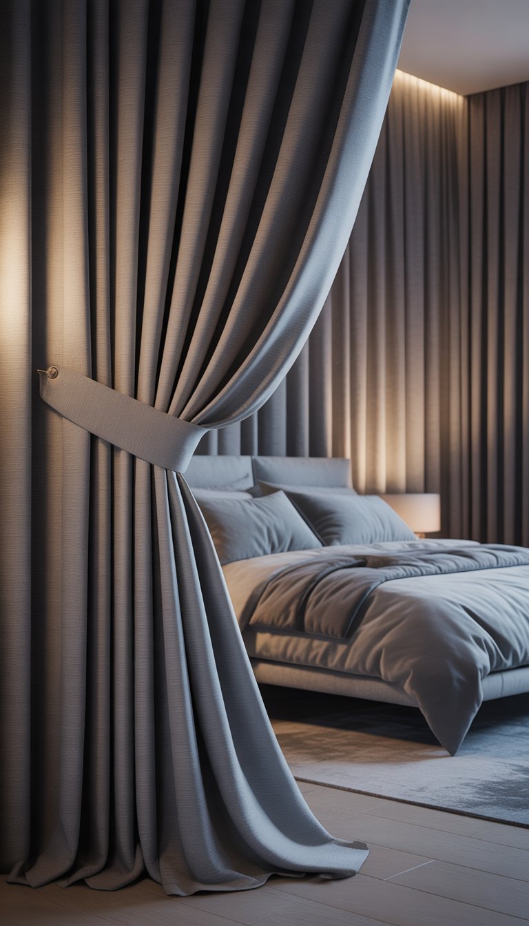 A modern bedroom with layered grey curtains covering a large window, a bed with grey bedding, and minimalist furniture.