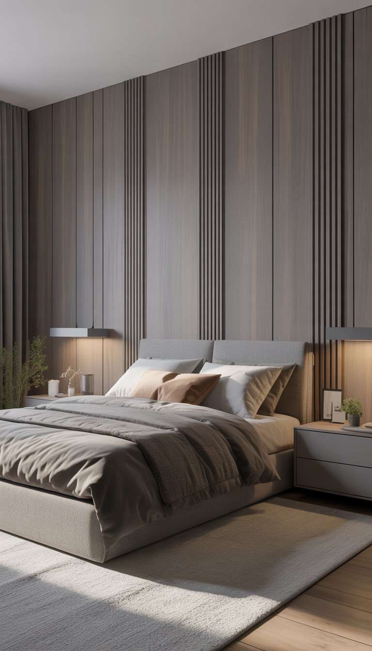 A modern bedroom with grey wood paneled walls, a bed with neutral bedding, minimalist furniture, and soft lighting.