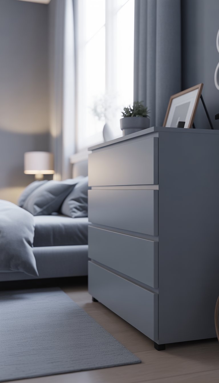 A sleek grey dresser in a grey bedroom with a bed, rug, and a small plant on the dresser.