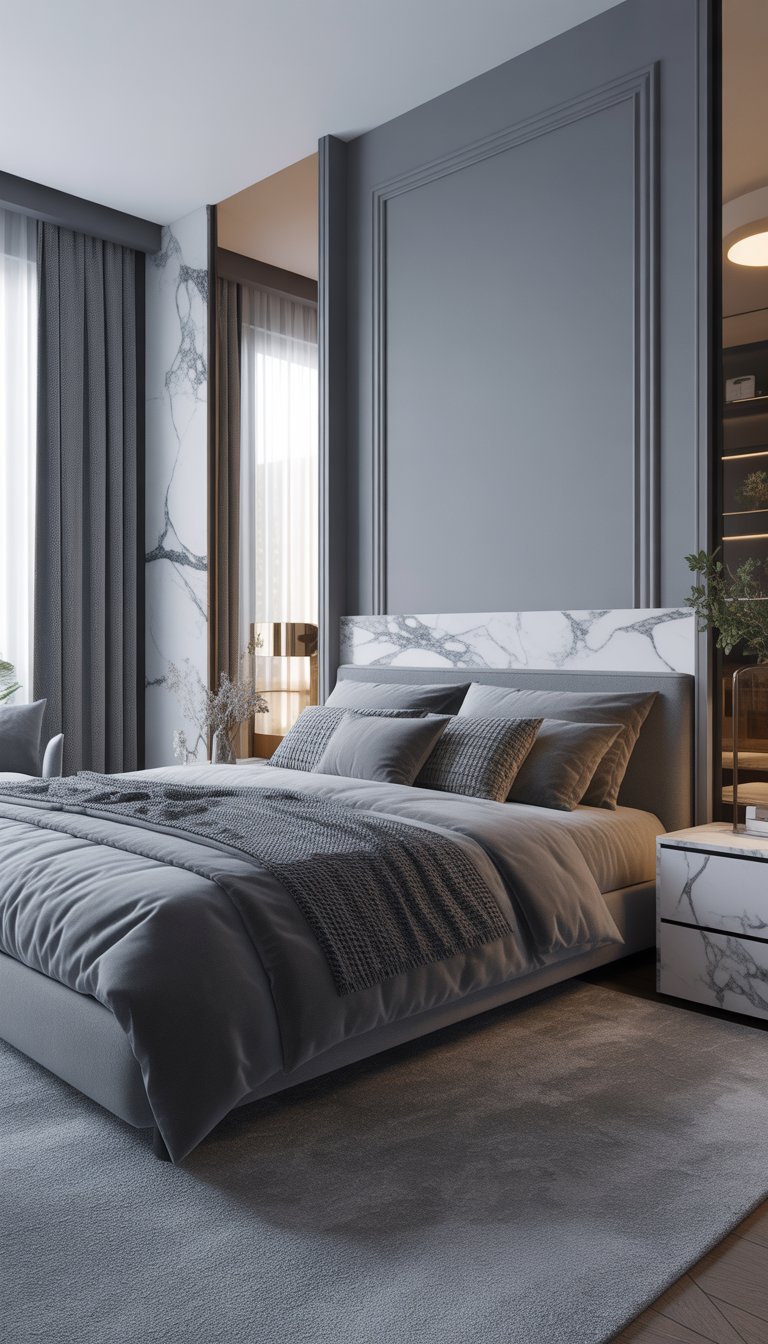 A modern bedroom with grey walls and marble accents, featuring a bed with grey bedding, large windows with sheer curtains, and minimalist furniture.