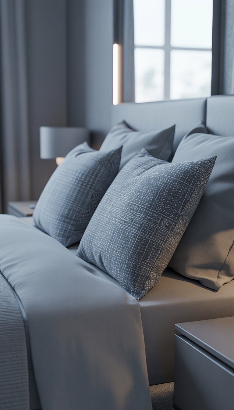 A modern grey bedroom with a bed featuring several grey patterned throw pillows arranged neatly.