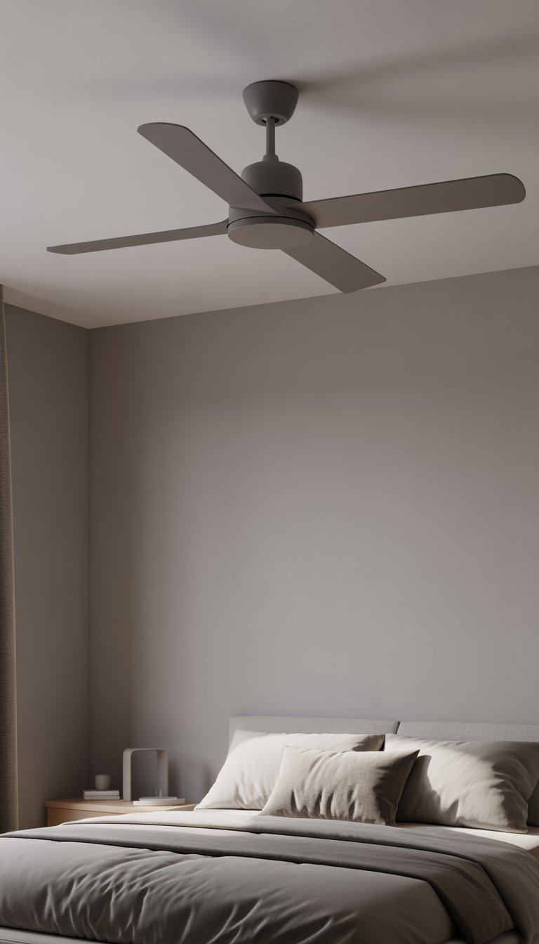 A modern bedroom with a grey ceiling fan mounted on the ceiling above a bed with grey bedding and minimal furniture.
