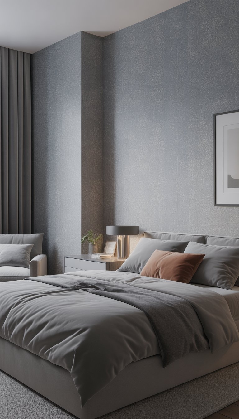 A modern bedroom with subtle grey wallpaper, a neatly made bed with grey linens, a bedside table with a lamp, and natural light coming through sheer curtains.