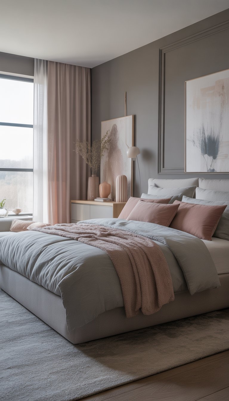 A modern bedroom with a large bed, grey walls, blush curtains, and decorative accents, illuminated by natural light.