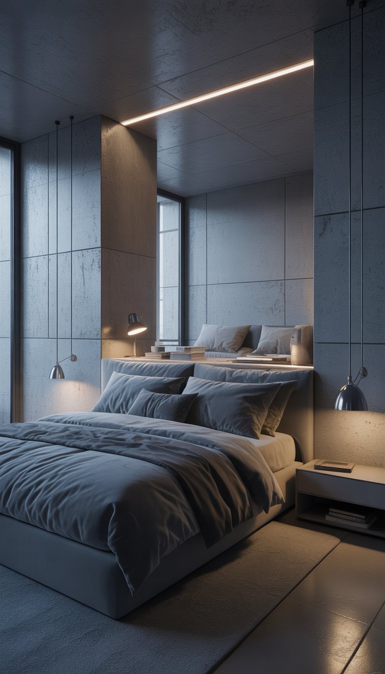 A modern bedroom with grey walls, a neatly made bed, industrial lighting fixtures, and large windows letting in natural light.