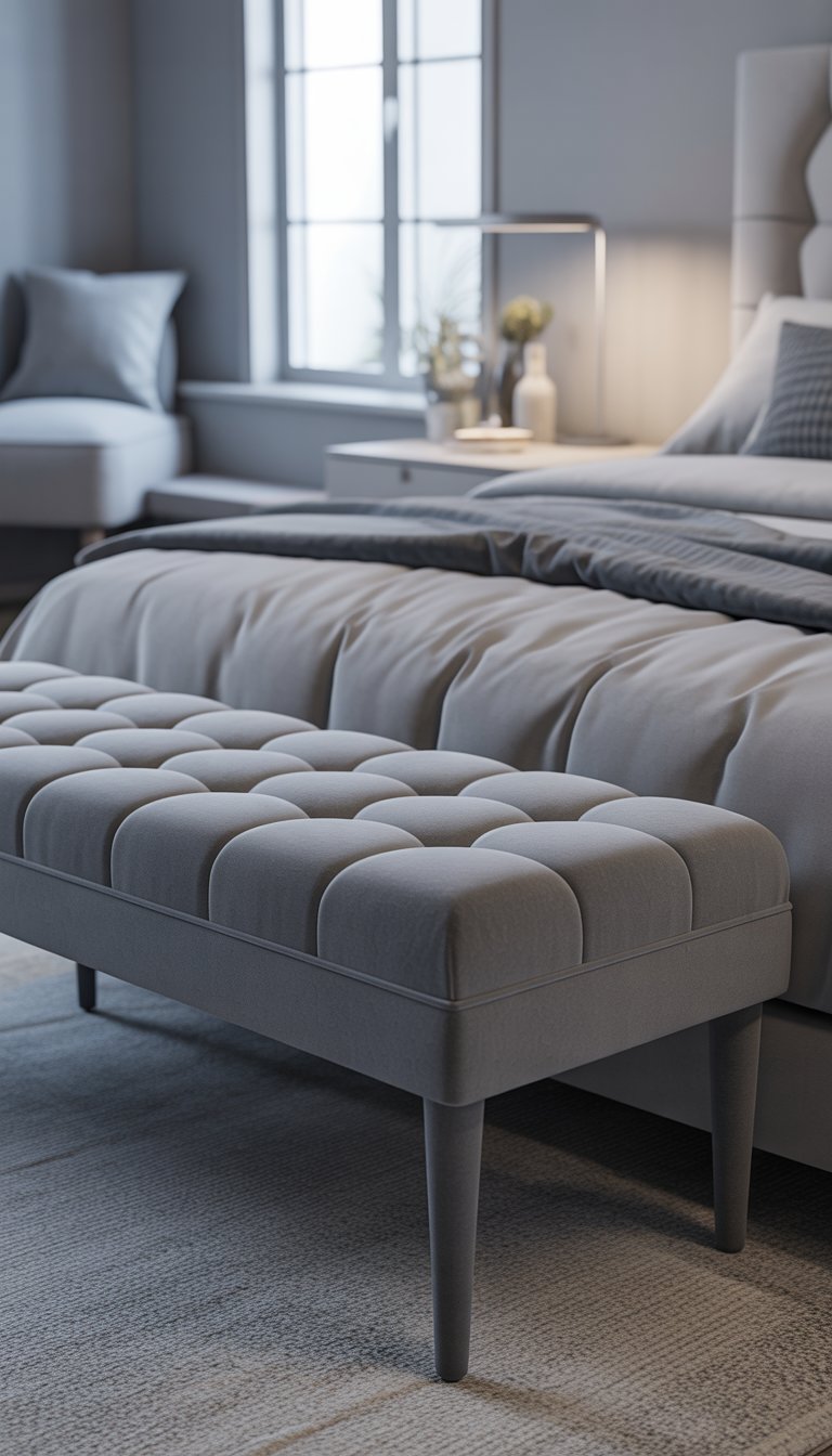 A grey tufted bench positioned at the foot of a bed in a neatly decorated bedroom.
