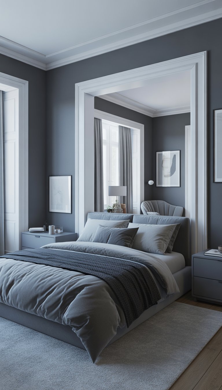 A modern bedroom with white trim and grey walls, featuring a bed, nightstands, and a chair illuminated by natural light.
