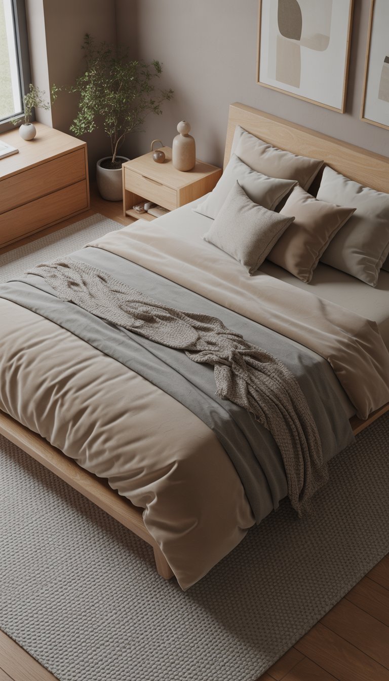 A calm bedroom with a low wooden bed, beige and gray bedding, a wooden nightstand, a potted plant, and a large window letting in natural light.