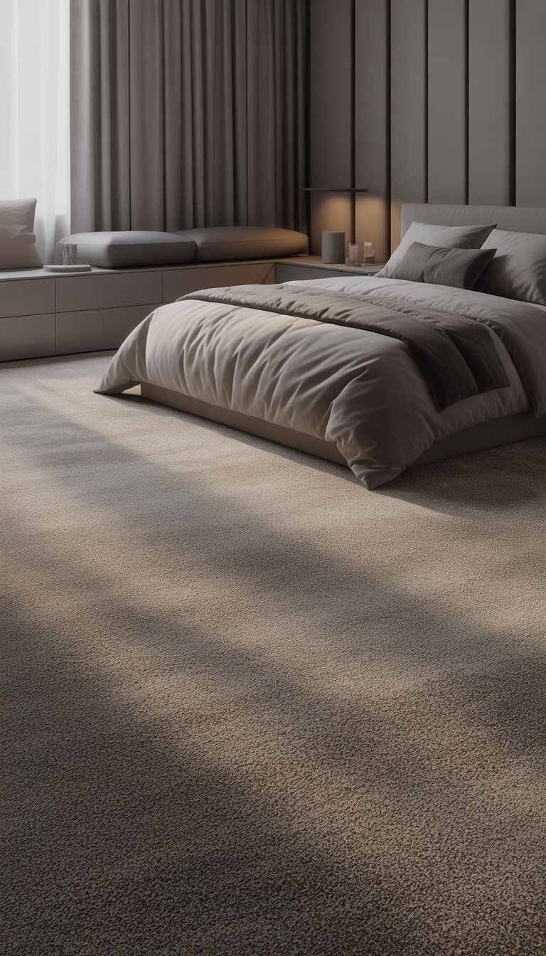 A bedroom with a warm grey carpet, grey walls, a bed with grey linens, bedside tables, and large windows with sheer curtains letting in natural light.