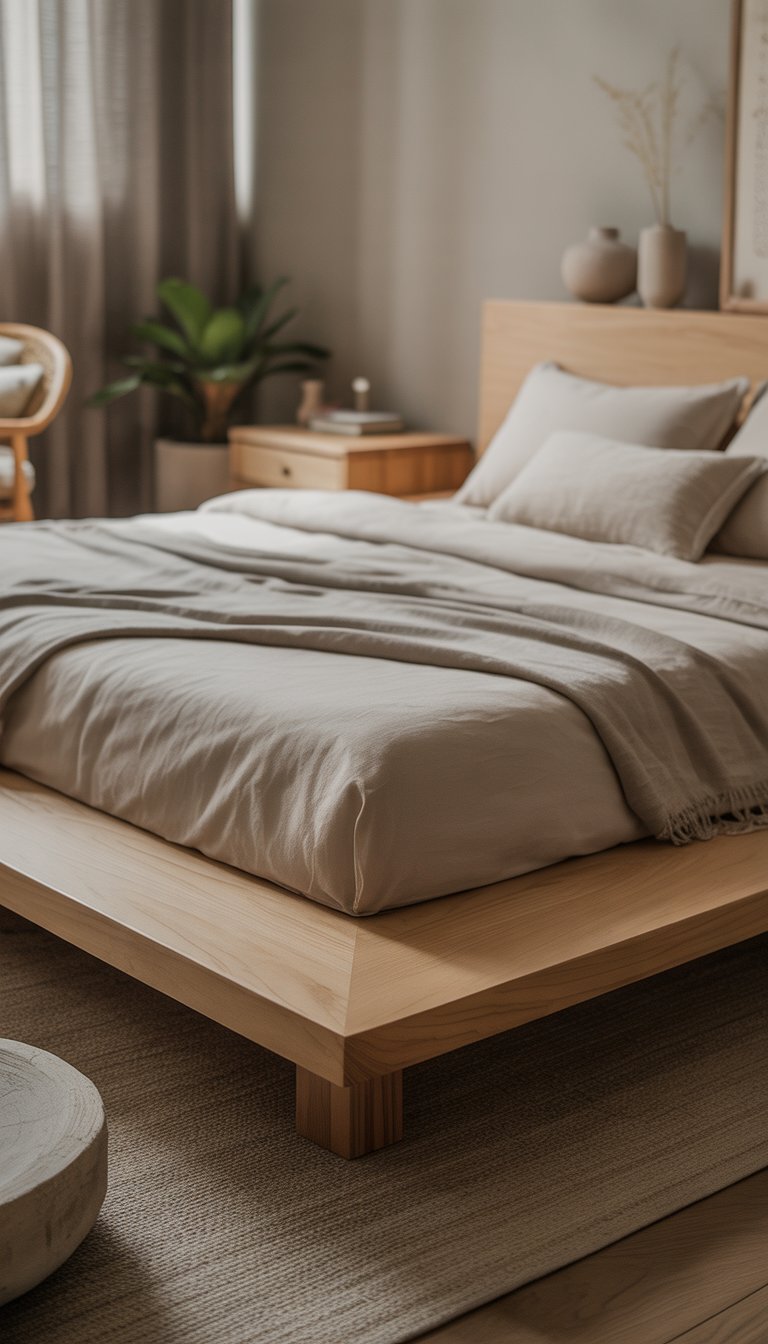 A low wooden platform bed in a minimalist bedroom with natural light, neutral colors, and simple decor including a plant and a small nightstand.