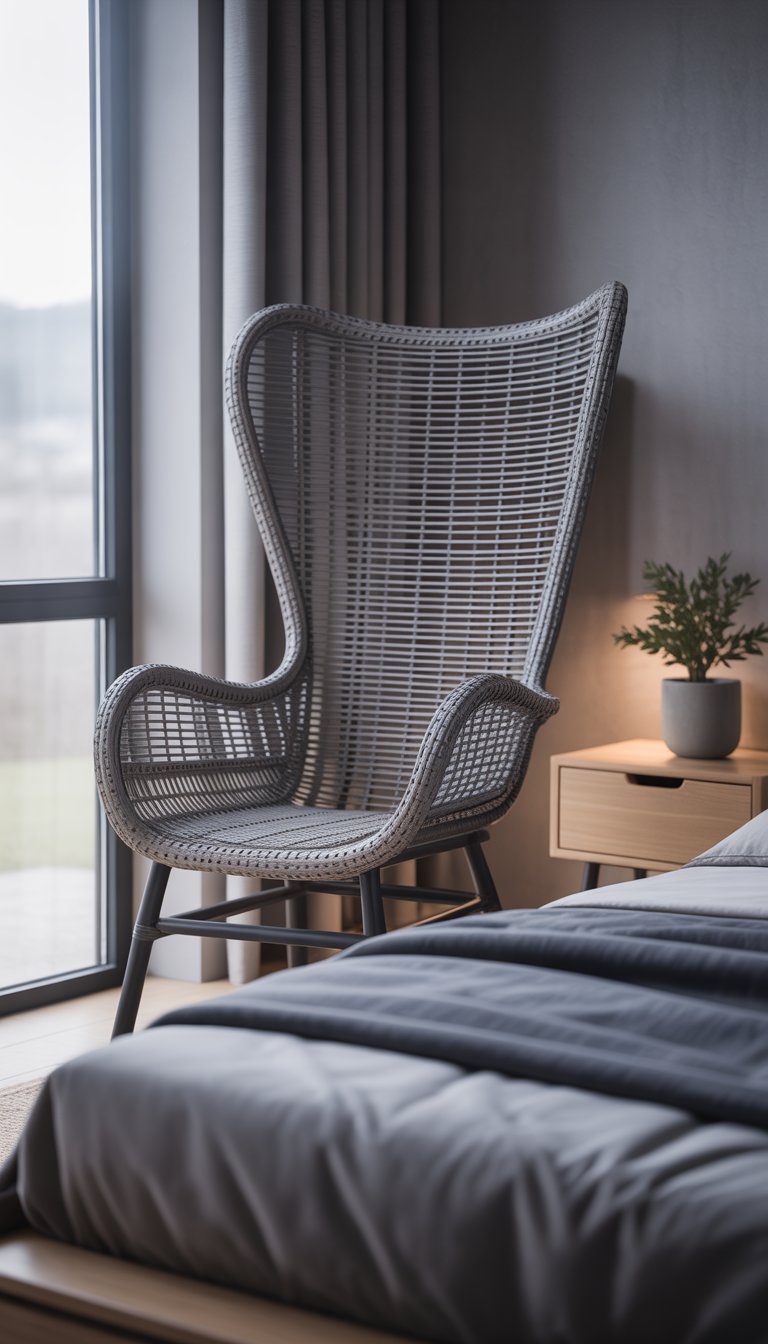 A grey rattan chair in a bedroom with a bed, nightstand, and natural light coming through a window.