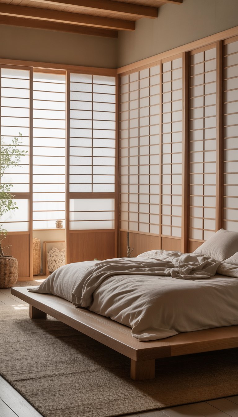 A peaceful bedroom with Shoji screen dividers, a low wooden bed, soft bedding, and natural light filtering through the screens.