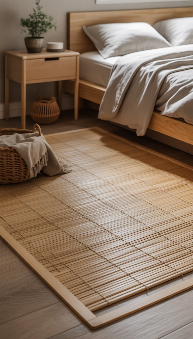 A minimalist bedroom with a bamboo floor mat, a low wooden bed with white bedding, a wooden nightstand with a plant, and soft natural light filling the room.