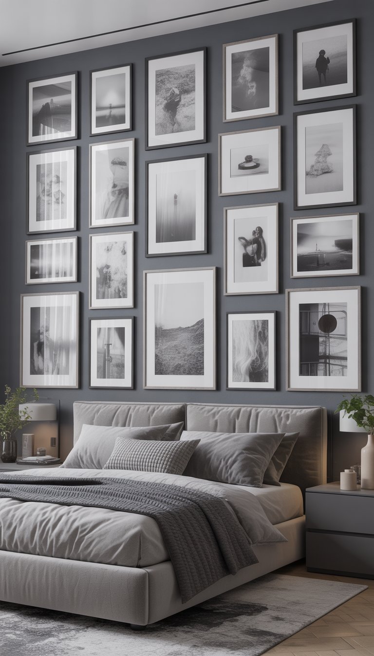A modern bedroom with a large grey gallery wall featuring 27 framed artworks in various shades of grey above a neatly made bed with grey bedding.
